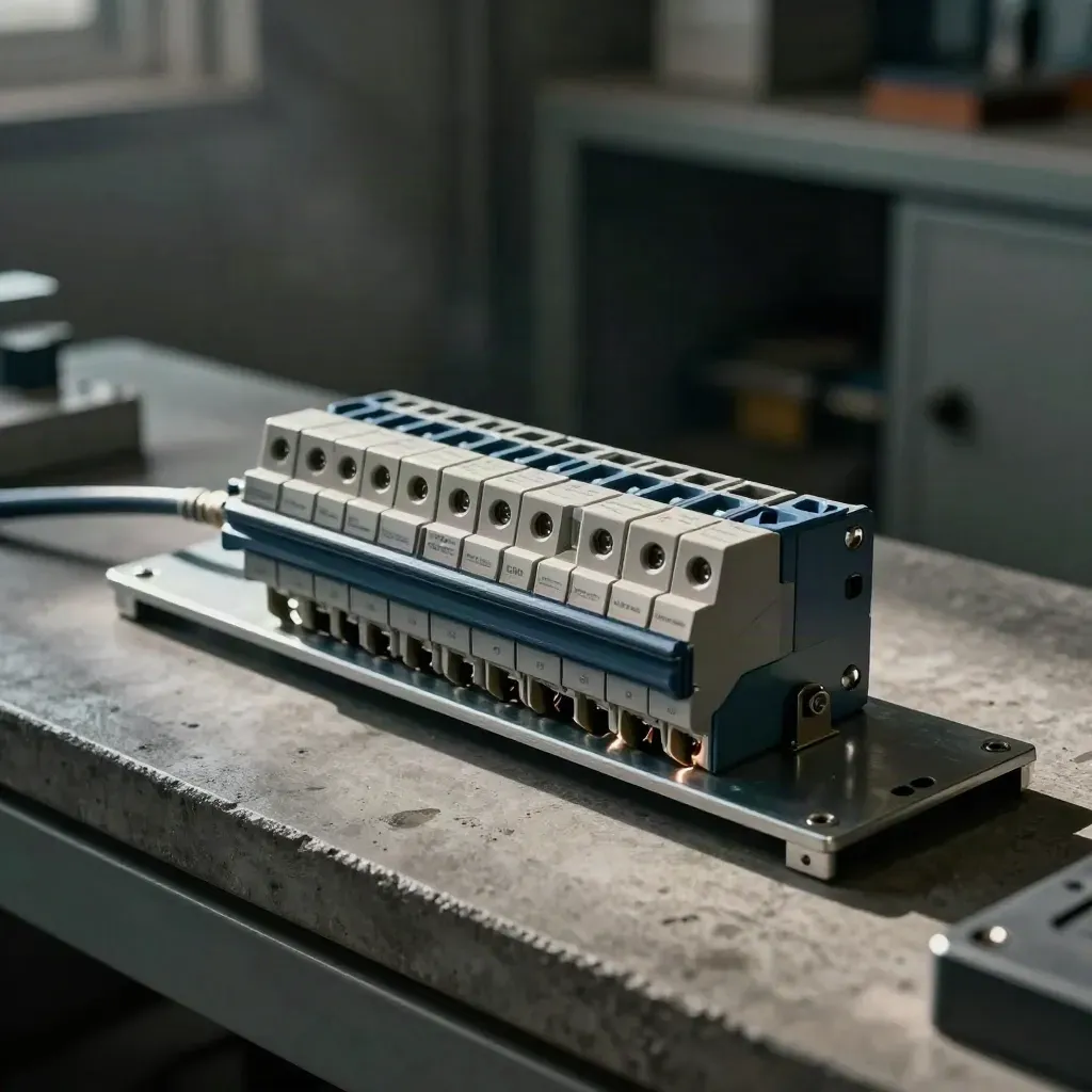 Relaismodule, klemmenblok en timerknop op een industriële werkbank, dramatisch uitgelicht