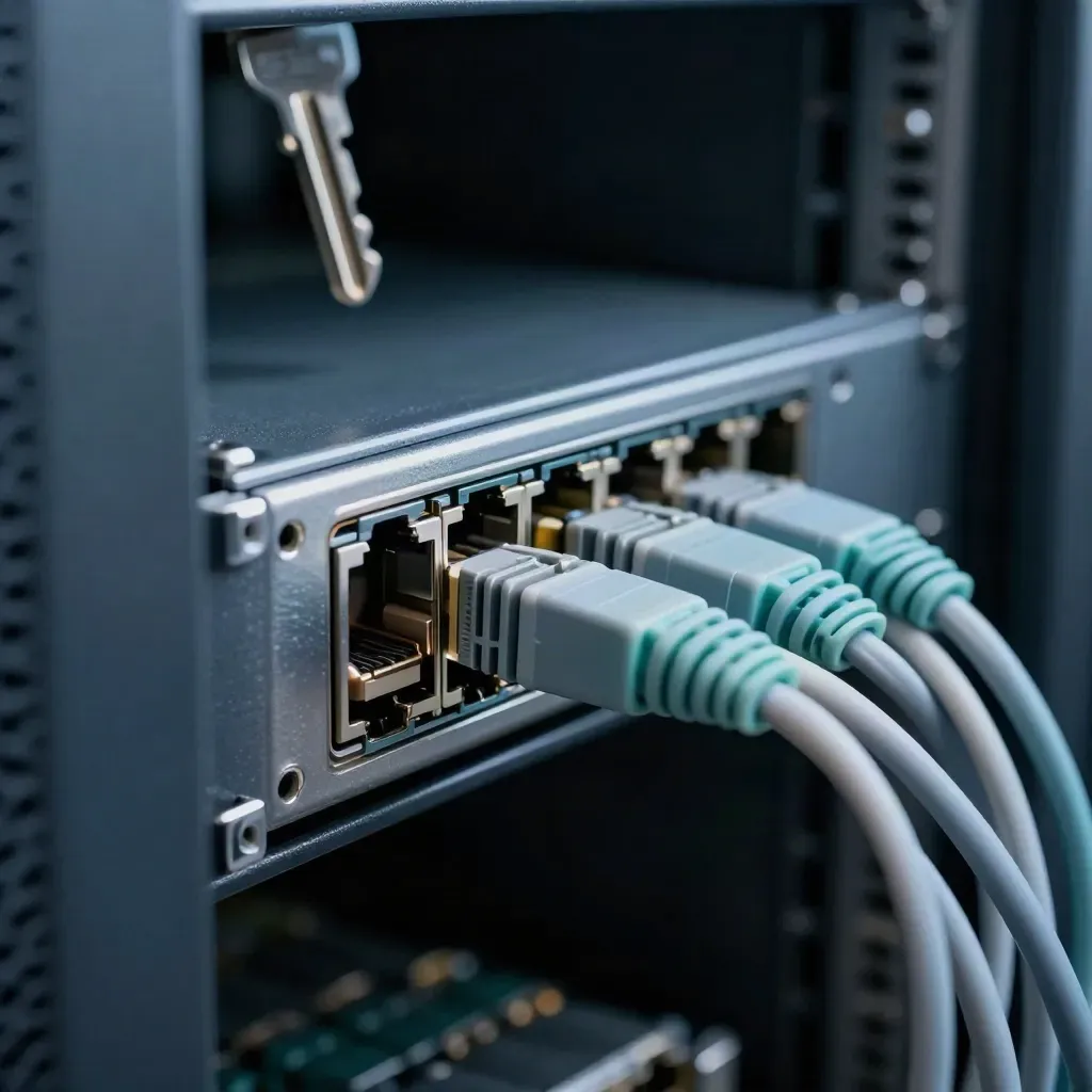 Patchpanel, SFP en keystone jack in een serverrack, met kabelkam en koele sfeer.